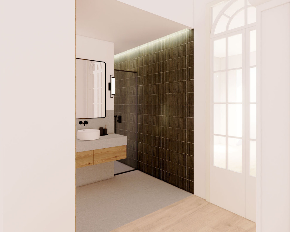 Ispirazione per una stanza da bagno moderna con piastrelle in ceramica, pareti verdi, pavimento con piastrelle in ceramica, lavabo sospeso, pavimento grigio, top grigio, toilette, un lavabo e mobile bagno sospeso