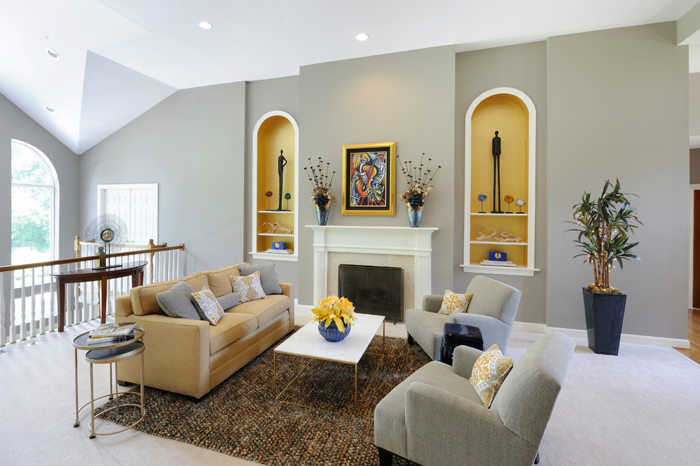Design ideas for a mid-sized transitional formal open concept living room in St Louis with grey walls, carpet, a standard fireplace, a tile fireplace surround and no tv.