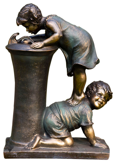 Alpine Boy and Girl Water Fountain, LED Light, Antique Bronze Finish, 27" Tall