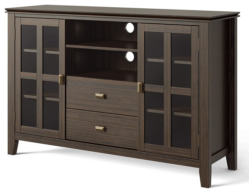 Tall TV Stand, Tempered Glass Framed Doors and 2 Drawers, Space Saver