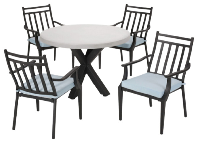 Monterey Outdoor 5 Piece Dining Set With Light Weight Concrete Table, Light Teal/Light Gray/Black