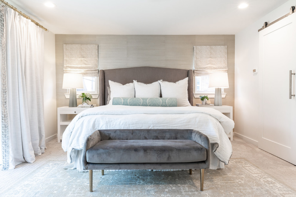 Inspiration for a mid-sized transitional master bedroom in Dallas with white walls and carpet.