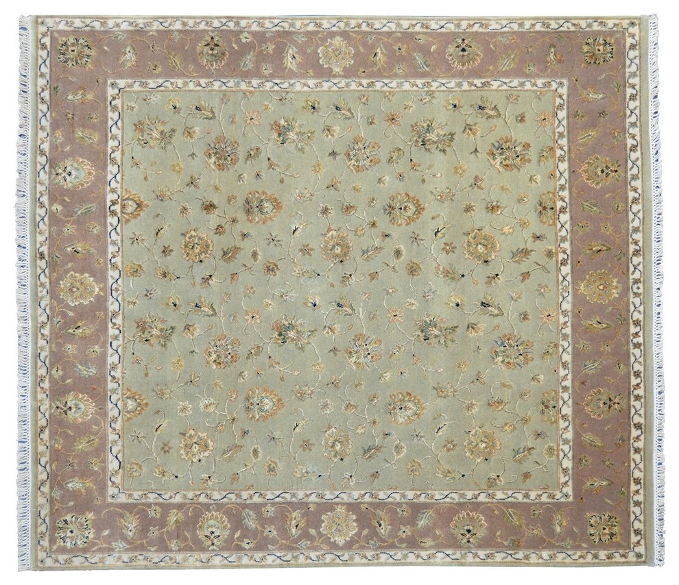 Light Green Area Rug Square, Hand-Knotted Silk Flower Rajasthan Rug