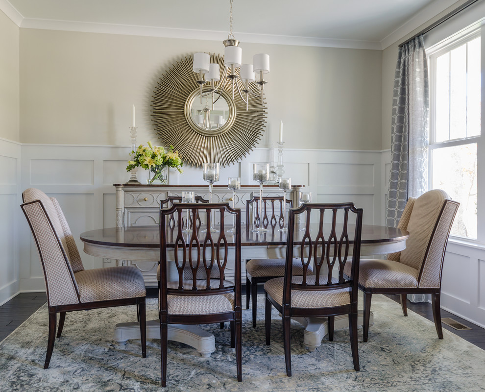 Inspiration for a mid-sized transitional separate dining room in Richmond with beige walls, dark hardwood floors and brown floor.