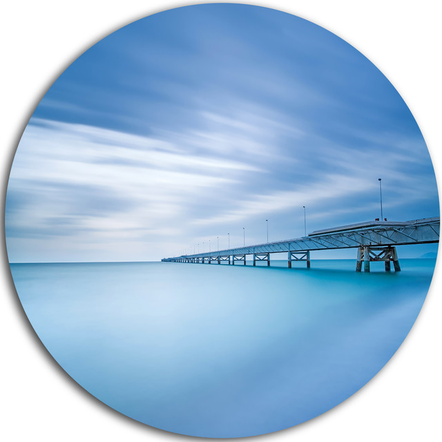 Industrial Pier in the Sea, Seascape Photo Round Metal Wall Art Beach