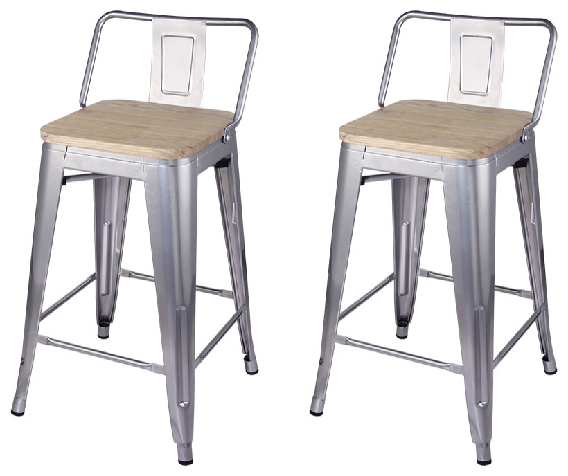 Lowback Silver Metal Bar Stools, Light Wooden Seat, Set of 2 Industrial Bar Stools And