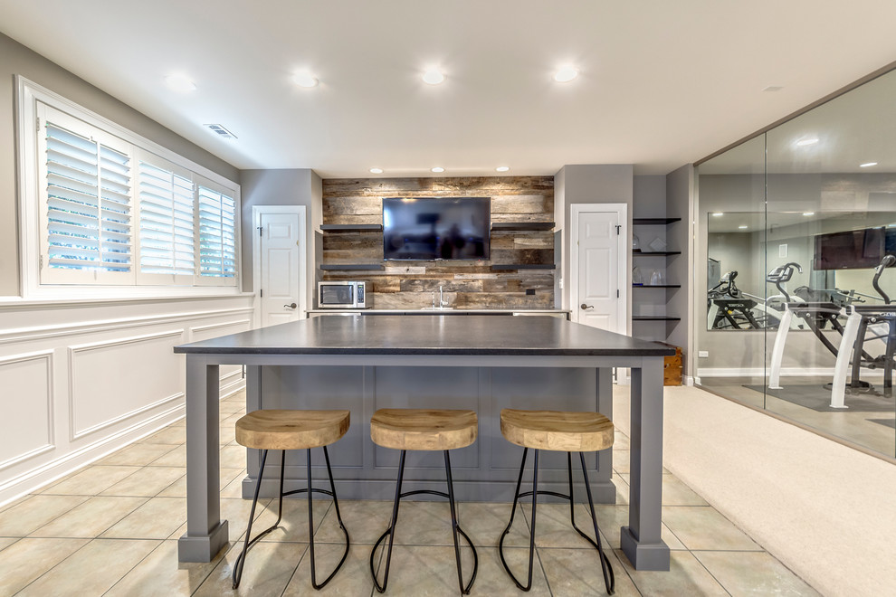Transitional look-out basement photo in Chicago with gray walls and no fireplace