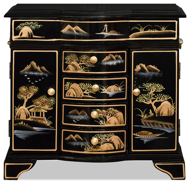 Chinoiserie Scenery Jewelry Cabinet Black And Gold Asian