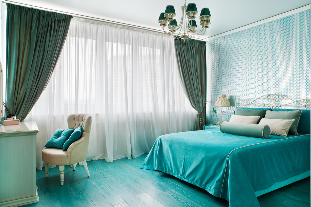 Inspiration for a large traditional kids' room for girls in Moscow with blue walls, painted wood floors and turquoise floor.