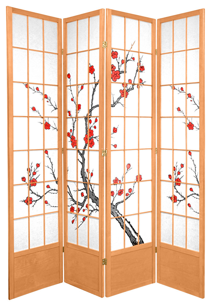 7' Tall Cherry Blossom Shoji Screen, 4 Panels Asian Screens And