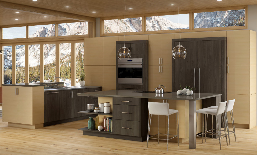 Medium sized modern l-shaped kitchen/diner in Chicago with a submerged sink, flat-panel cabinets, light wood cabinets, engineered stone countertops, stainless steel appliances, beige floors, an island, grey worktops and light hardwood flooring.