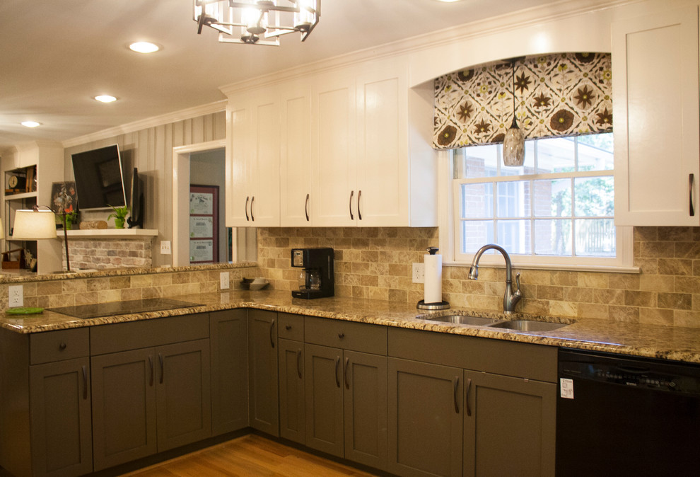 Inspiration for a mid-sized transitional l-shaped light wood floor and brown floor eat-in kitchen remodel with a double-bowl sink, shaker cabinets, brown cabinets, granite countertops, beige backsplash, black appliances, no island and subway tile backsplash
