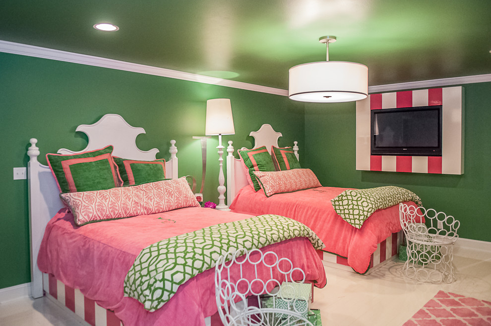 Large traditional kids' room in Other with green walls and marble floors for girls.