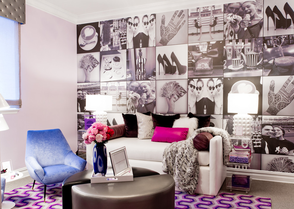 This is an example of an eclectic living room in New York with multi-coloured walls.