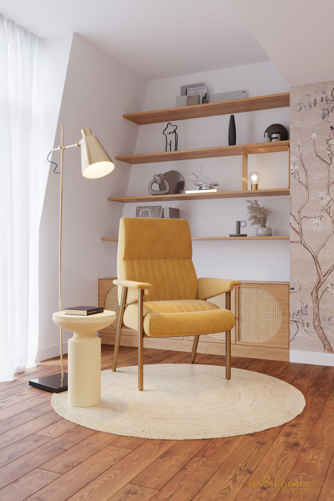 Idée de décoration pour une salle de séjour nordique avec un mur beige et un sol en bois brun.