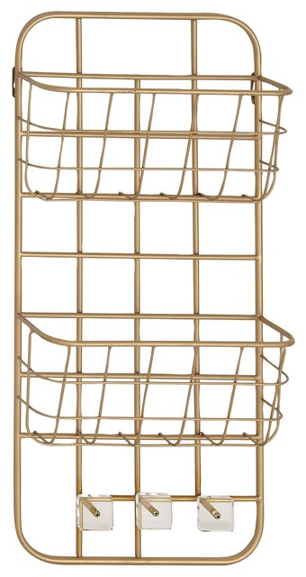 Modern Iron 2 Tier Basket Wall Rack With 3 Hooks Contemporary