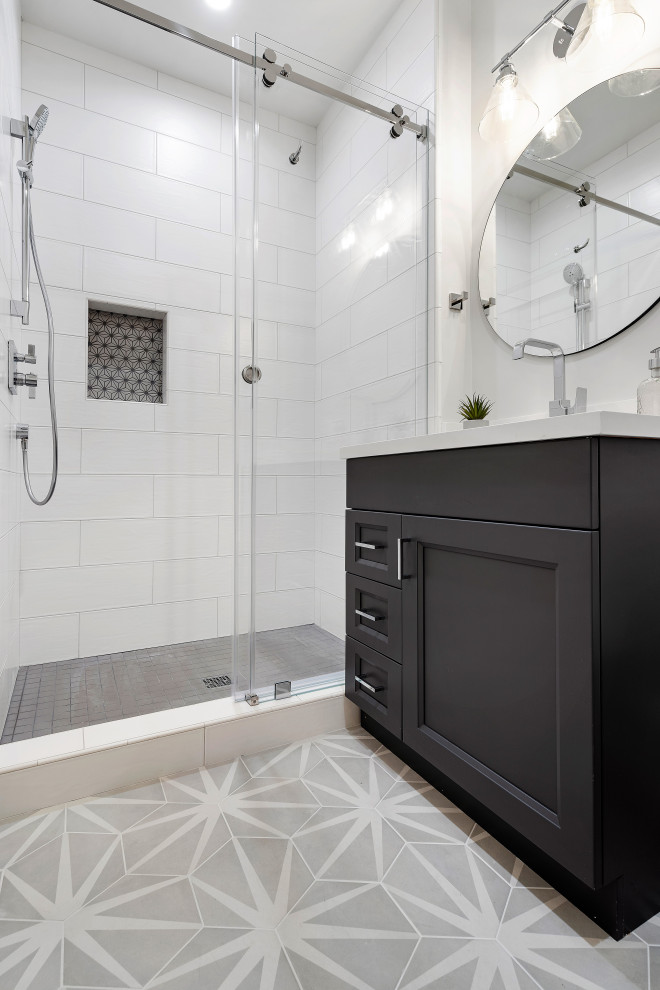 Small transitional kids' white tile and ceramic tile ceramic tile, gray floor and single-sink bathroom photo in San Francisco with recessed-panel cabinets, brown cabinets, a two-piece toilet, gray walls, an undermount sink, quartz countertops, white countertops and a built-in vanity