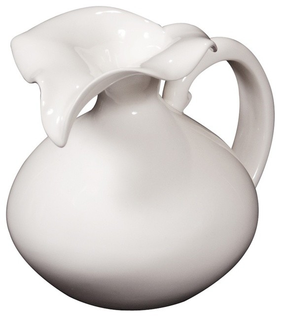 Glossy White Ceramic Pitcher with Calla Lily Spout - Short