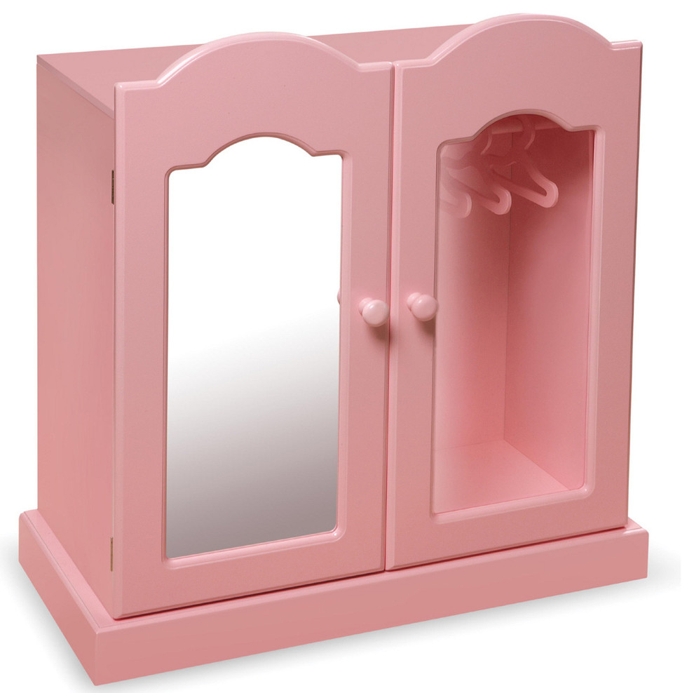 Pink Mirrored Doll Armoire with 3 Baskets and 3 Hangers