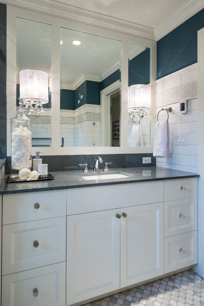 Inspiration for a mid-sized transitional multicolored tile and stone slab mosaic tile floor alcove bathtub remodel in Vancouver with shaker cabinets, white cabinets, a two-piece toilet, blue walls and an undermount sink