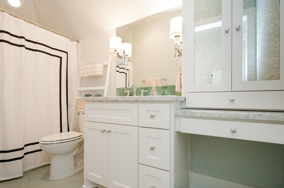 Design ideas for a large country kids bathroom in Houston with recessed-panel cabinets, white cabinets, an alcove tub, an alcove shower, a one-piece toilet, green tile, cement tile, white walls, mosaic tile floors, an undermount sink, marble benchtops, green floor and a shower curtain.