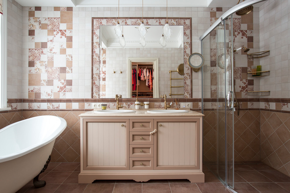 Inspiration for a traditional master bathroom in Moscow with a curbless shower, beige tile, white tile, brown tile, beige cabinets, a claw-foot tub, a drop-in sink and recessed-panel cabinets.