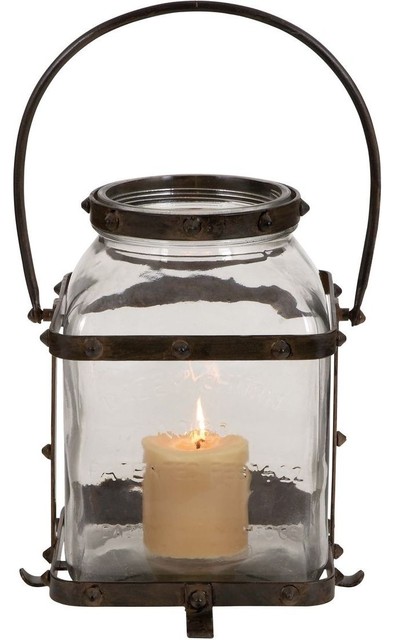 Metal Glass Lantern in Worn and Aged Finish