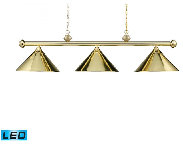 POOL TABLE LIGHTING POLISHED BRASS BAR WITH 3 POLISHED BRASS SHADES## 
