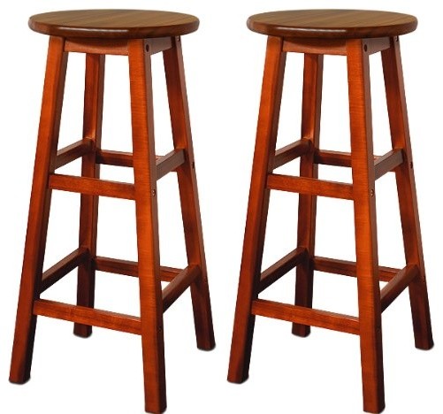 Traditional Bar Stool in Acacia Hardwood with 2 Footrest, Simple Round Design