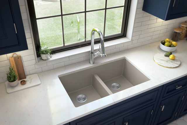 Karran 32" Undermount Double Equal Bowl Quartz Kitchen Sink, Concrete