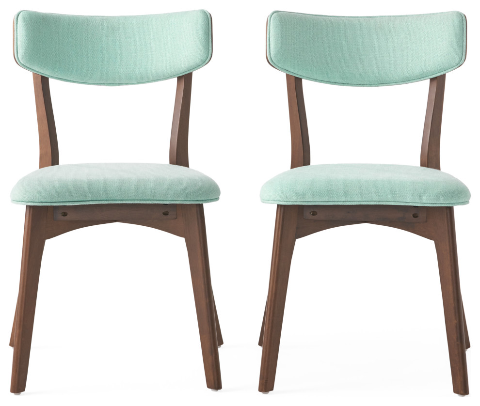Crystal Mid-Century Modern Fabric Upholstered Dining Chairs, Set of 2, Mint/Natural Walnut