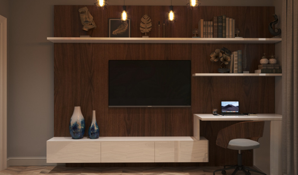 Дизайн небольшой гостиной с рабочим местом и авторскими яркими обоями