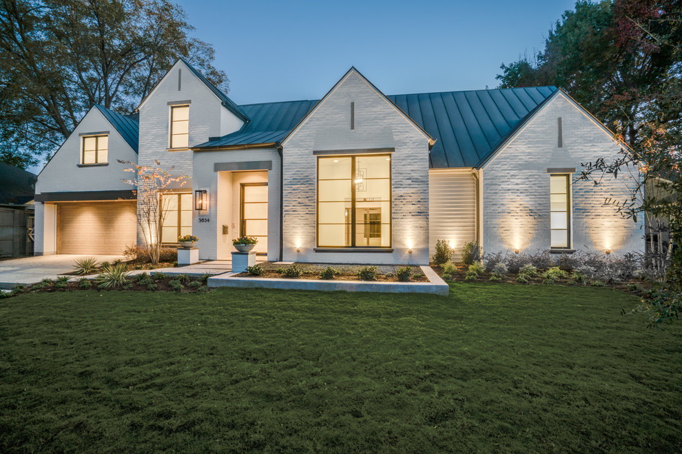 Mid-sized transitional white two-story brick gable roof idea in Dallas