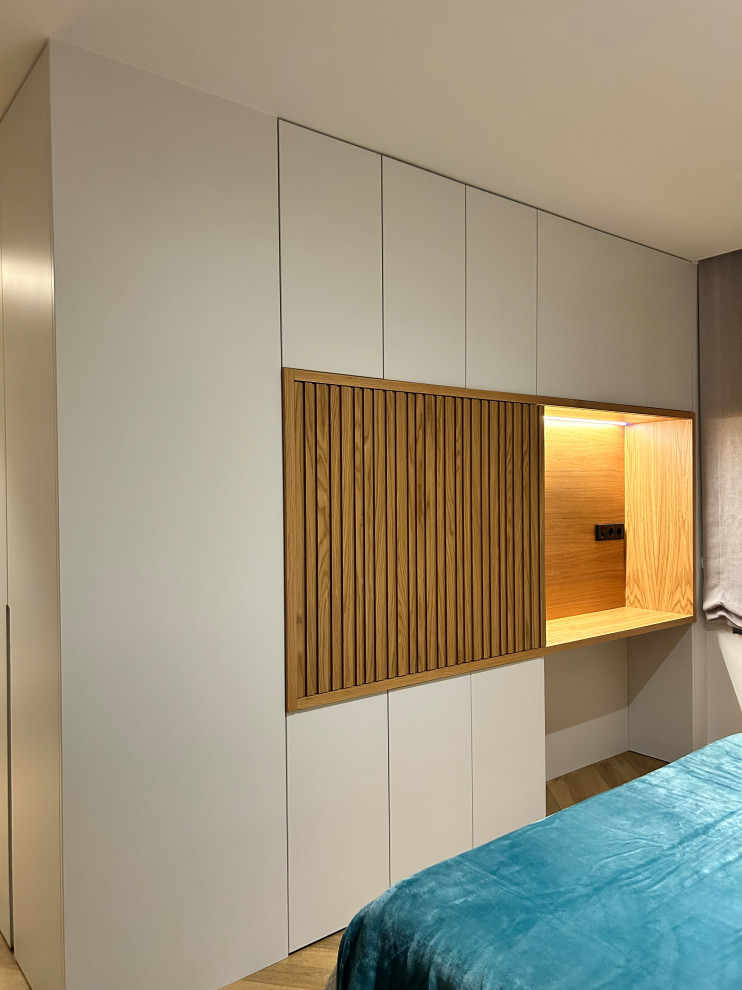 Идея дизайна: встроенный шкаф в современном стиле с плоскими фасадами, светлыми деревянными фасадами и полом из ламината для женщин