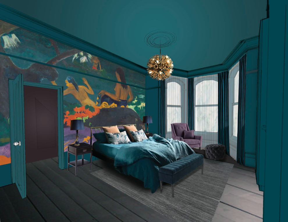 Ispirazione per una grande camera matrimoniale minimal con pareti blu e cornice del camino in legno