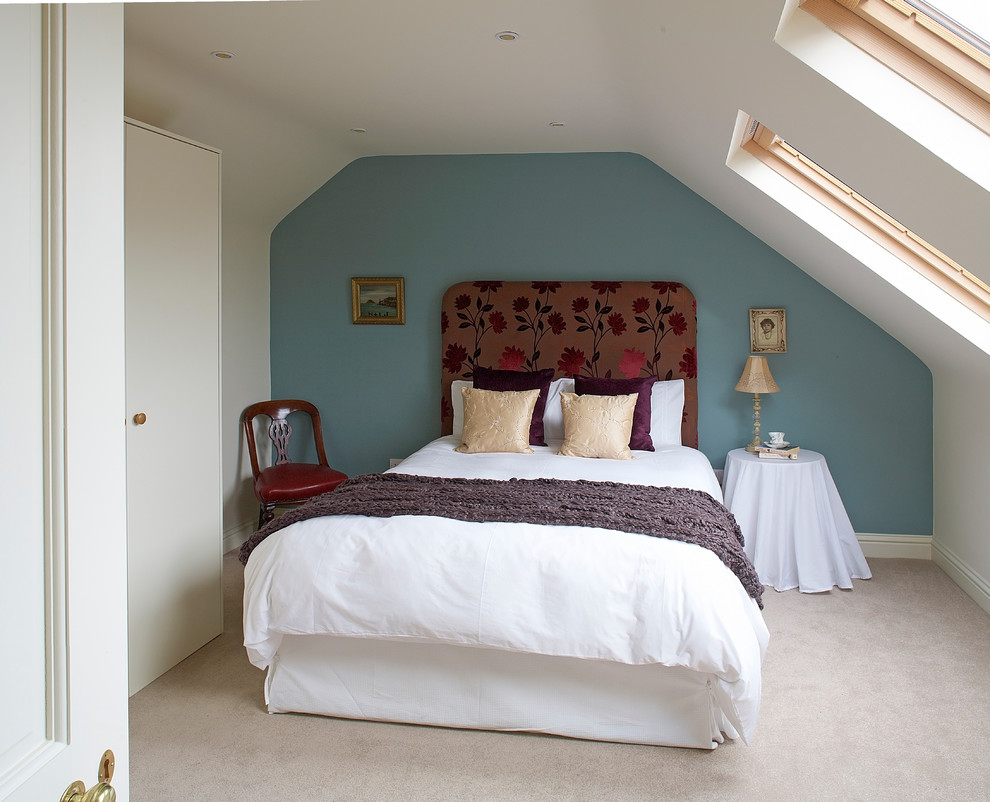 Traditional guest bedroom in Dublin with blue walls, carpet and no fireplace.