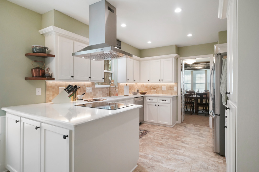 This is an example of a mid-sized contemporary galley eat-in kitchen in Houston with a double-bowl sink, flat-panel cabinets, white cabinets, quartzite benchtops, beige splashback, ceramic splashback, stainless steel appliances, ceramic floors, no island, beige floor, white benchtop and coffered.
