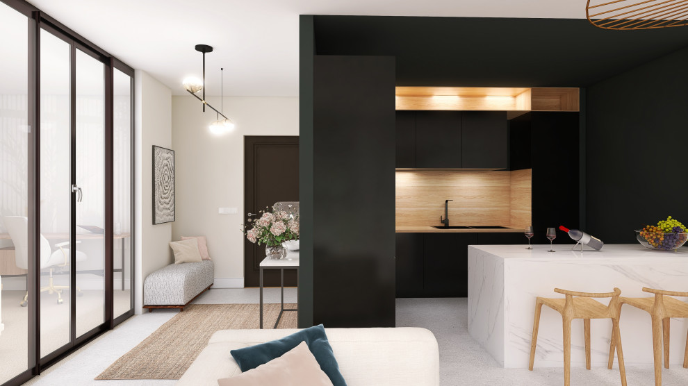 Inspiration for a medium sized modern l-shaped kitchen/diner in Nice with a submerged sink, flat-panel cabinets, black cabinets, wood worktops, wood splashback, integrated appliances, concrete flooring and an island.
