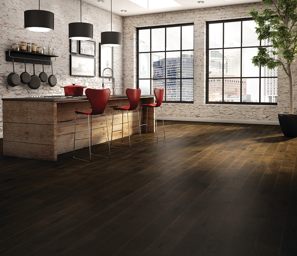 Example of a mid-sized mountain style galley dark wood floor open concept kitchen design in Vancouver with an undermount sink, stainless steel appliances and an island