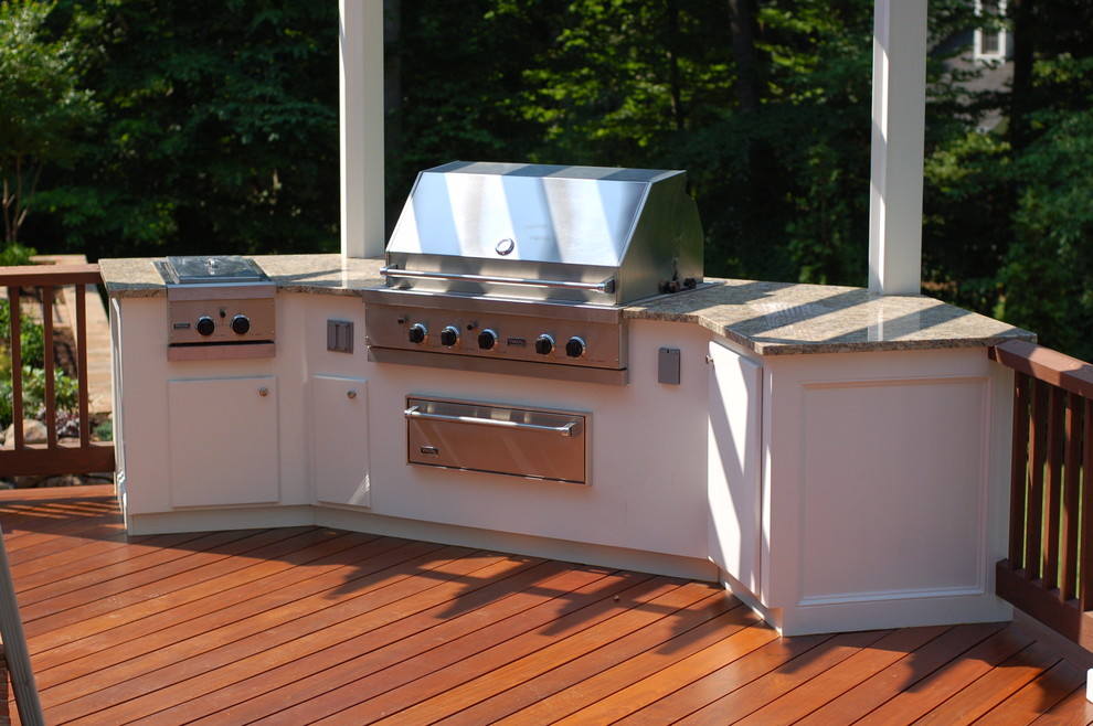 Mid-sized transitional backyard patio kitchen photo in Baltimore with decking and a pergola
