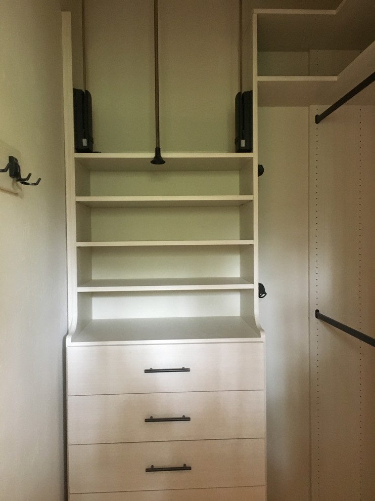 Walk-in closet - mid-sized transitional gender-neutral carpeted and gray floor walk-in closet idea in Denver with flat-panel cabinets and white cabinets