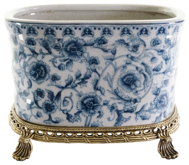 Crackle Blue and White Floral, Porcelain Oval Flower Pot, Brass Ormolu