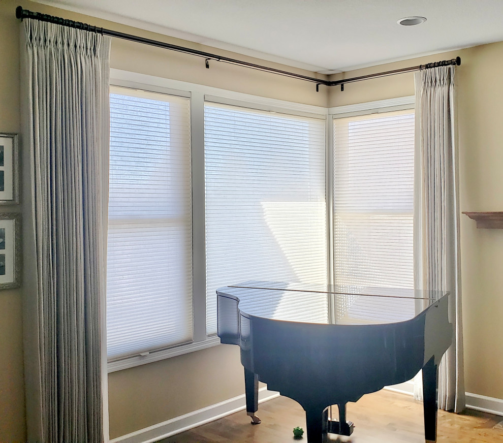 Double French Pleated Drapery Panels with Light Filtering Cellular Shades