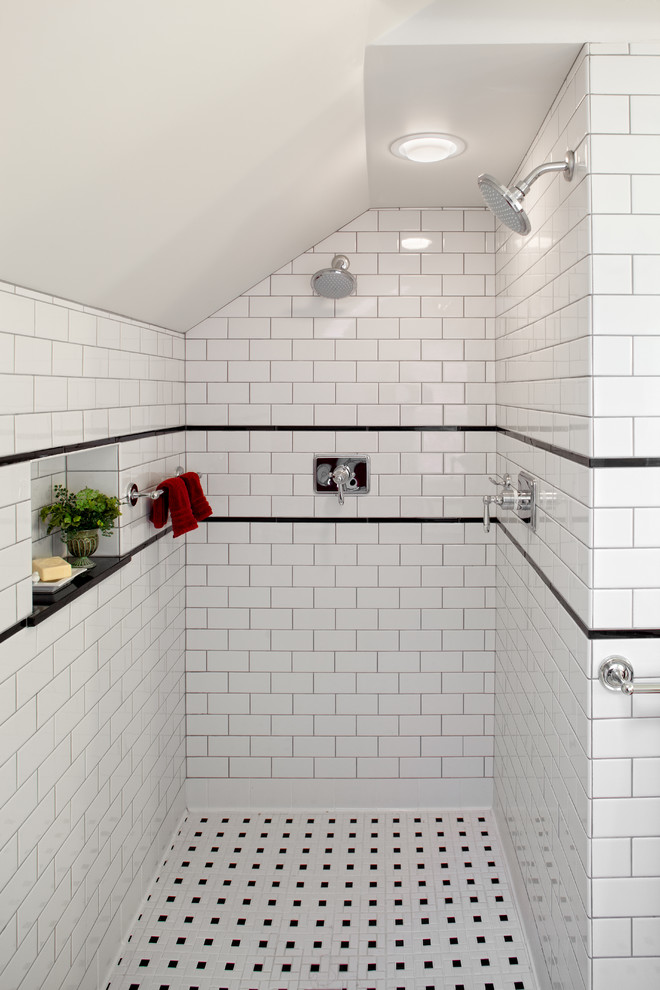 Traditional bathroom in Portland with white tile and subway tile.