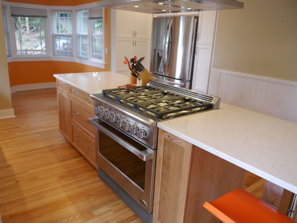 Example of a transitional kitchen design in Seattle with an undermount sink, shaker cabinets, quartzite countertops, stainless steel appliances and an island