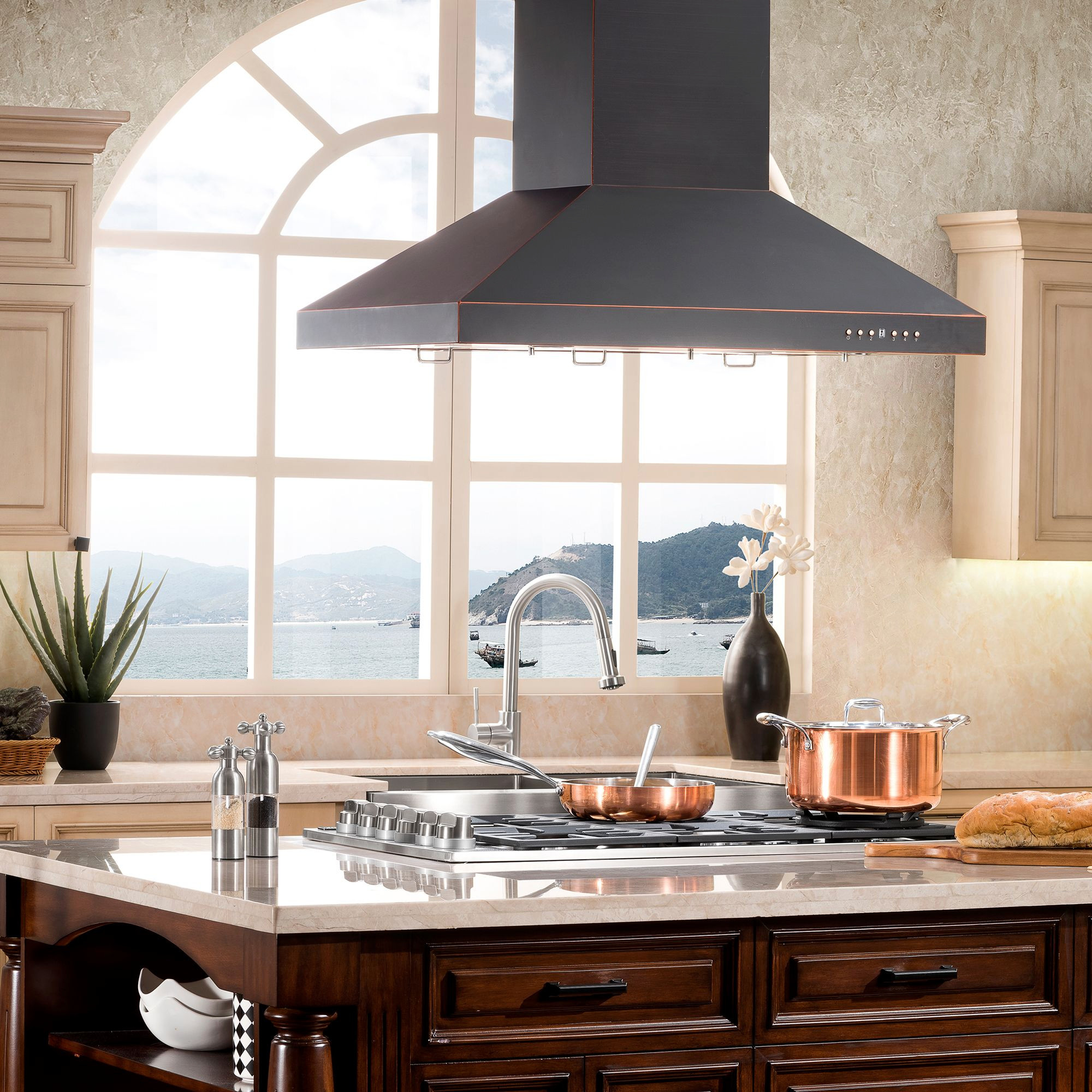 Kitchens featuring a ZLINE Copper Wall Range Hood