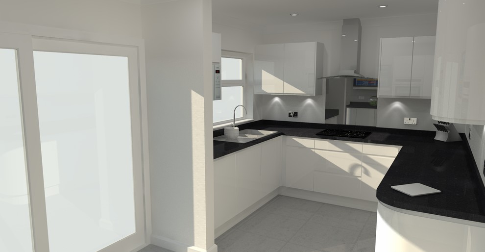 Small modern u-shaped separate kitchen in Dorset with a single-bowl sink, flat-panel cabinets, white cabinets, laminate benchtops, metallic splashback, glass sheet splashback, stainless steel appliances, ceramic floors and no island.