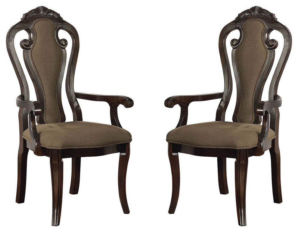 Traditional Dining Arm Chairs Fiddle Back Fabric Padded Seat Set Of 2
