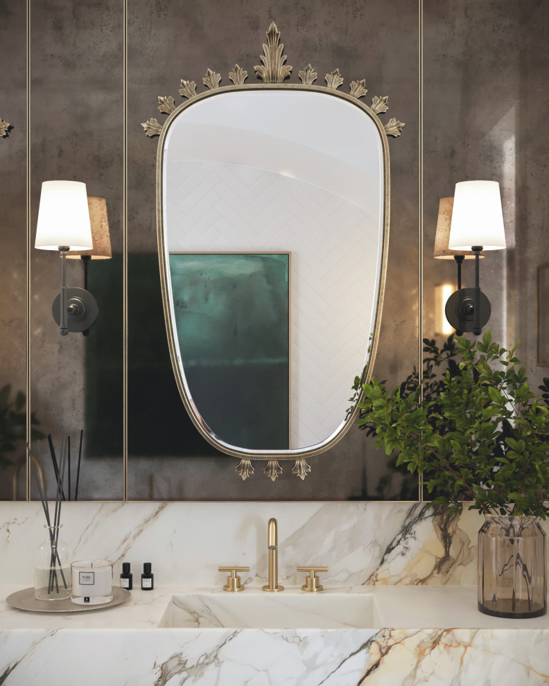 Пример оригинального дизайна: главный совмещенный санузел среднего размера в стиле фьюжн с отдельно стоящей ванной, душем в нише, унитазом-моноблоком, белой плиткой, керамической плиткой, белыми стенами, мраморным полом, монолитной раковиной, мраморной столешницей, серым полом, душем с распашными дверями, белой столешницей, тумбой под две раковины и встроенной тумбой