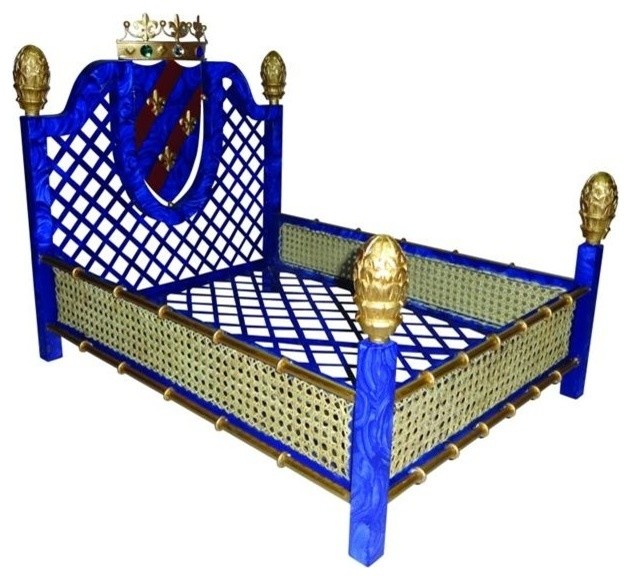 Art Deco Sapphire Blue Pet Dog Bed, Gold Rattan Lapis Crown
